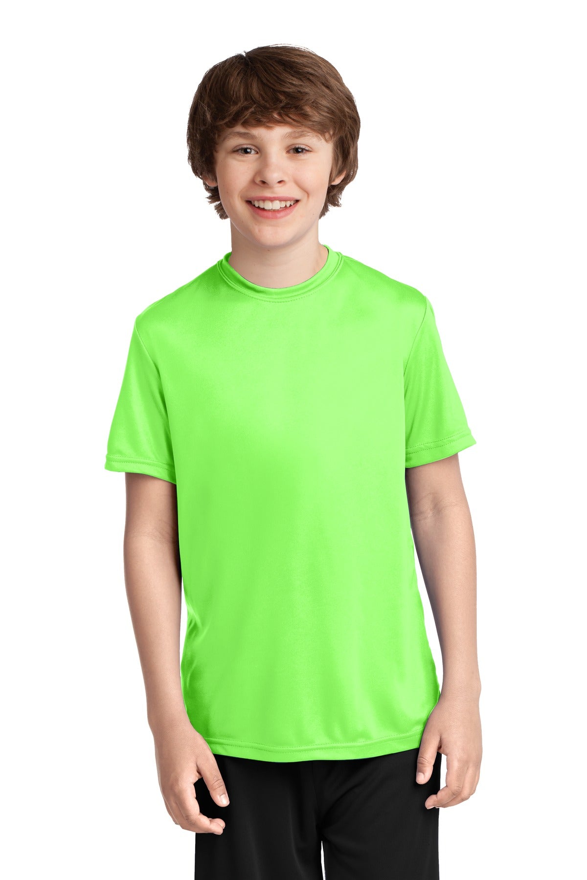 Front View of Neon Green Port & Company Youth Performance Tee. PC380Y