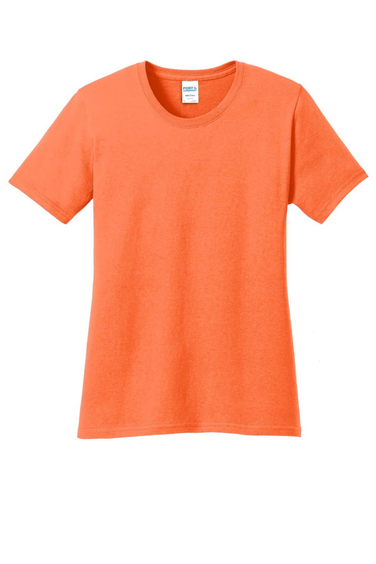 Front View of Neon Orange Port & Company Women's Core Cotton Tee. LPC54