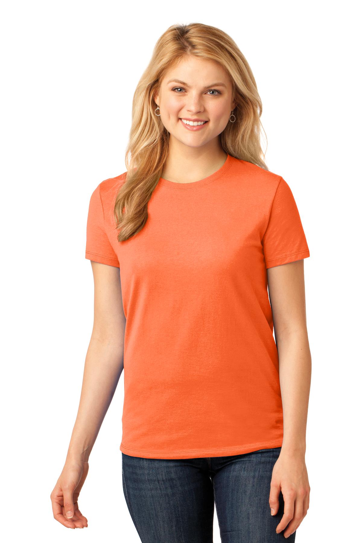 Front View of Neon Orange Port & Company Women's Core Cotton Tee. LPC54