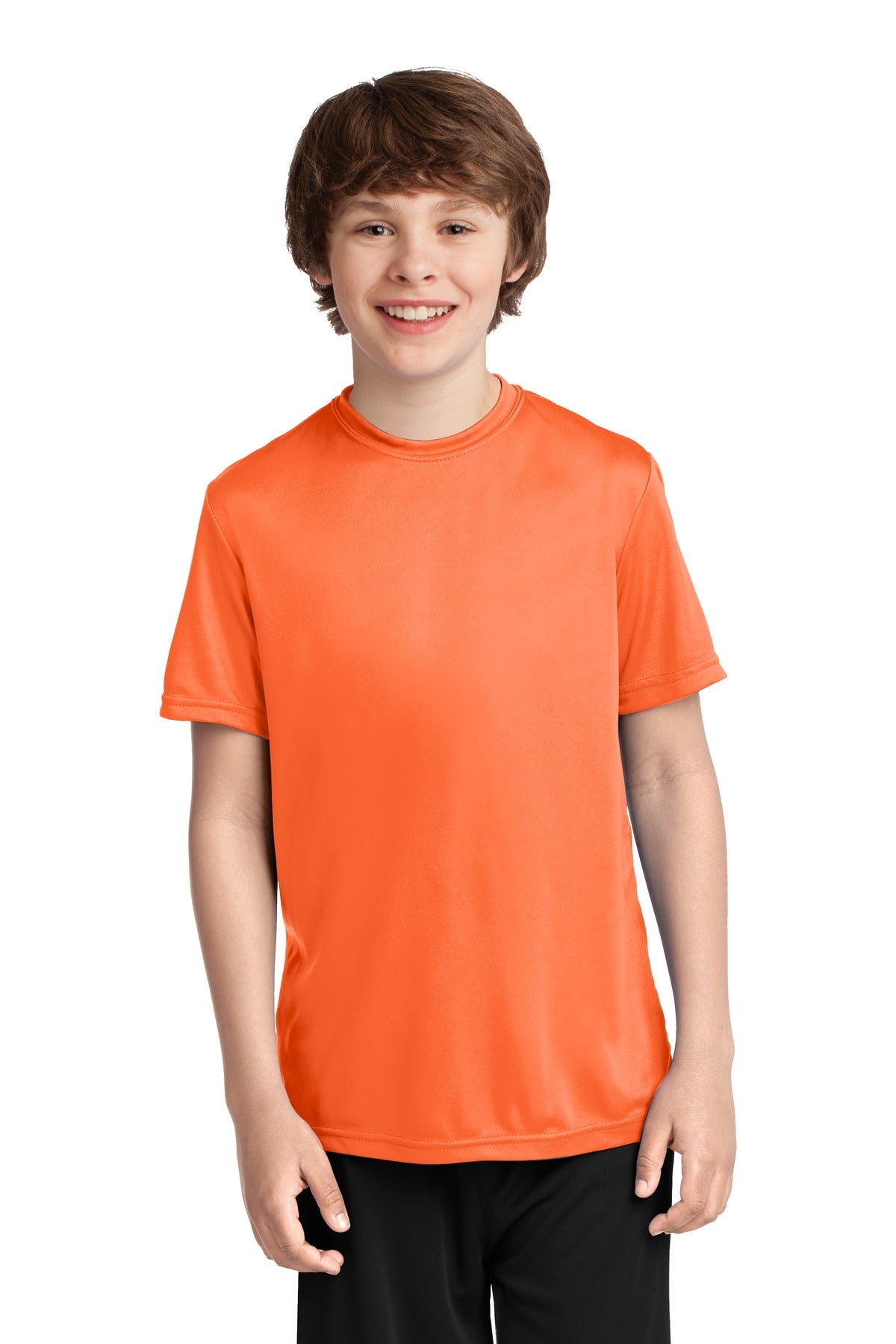 Front View of Neon Orange Port & Company Youth Performance Tee. PC380Y