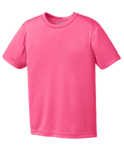 Front View of Neon Pink Port & Company Youth Performance Tee. PC380Y
