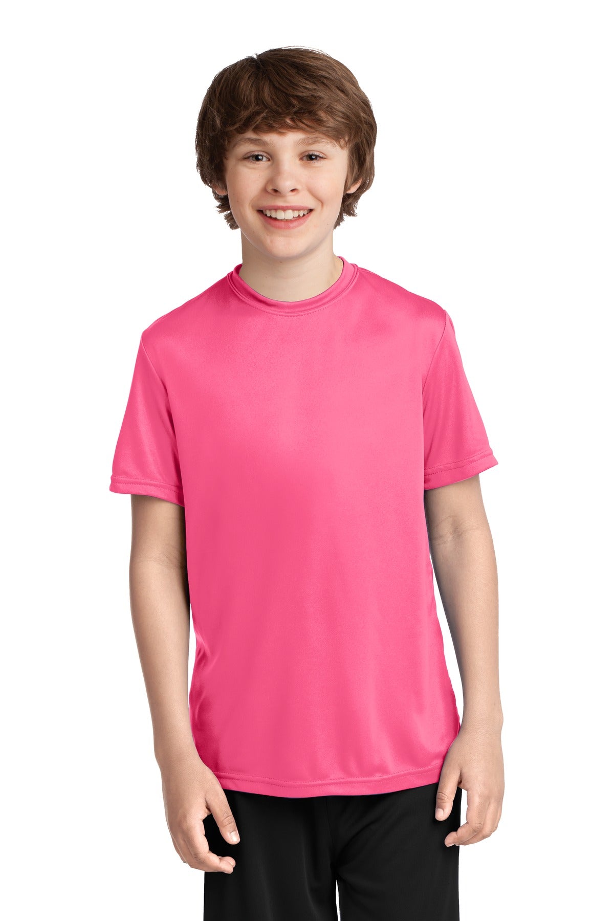 Front View of Neon Pink Port & Company Youth Performance Tee. PC380Y