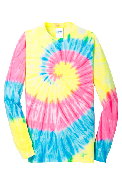 Front View of Neon Rainbow Port & Company Tie-Dye Long Sleeve Tee. PC147LS