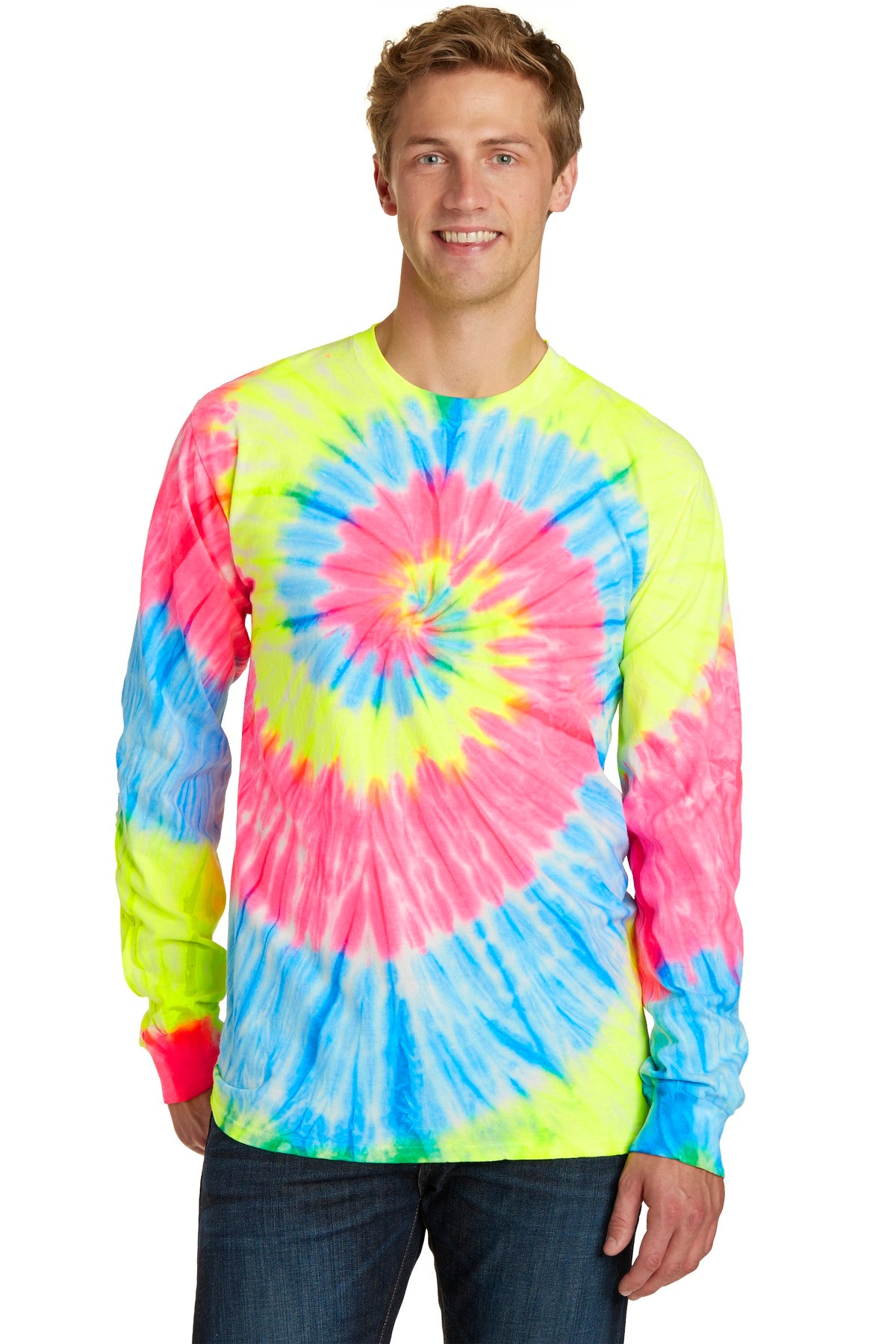 Front View of Neon Rainbow Port & Company Tie-Dye Long Sleeve Tee. PC147LS