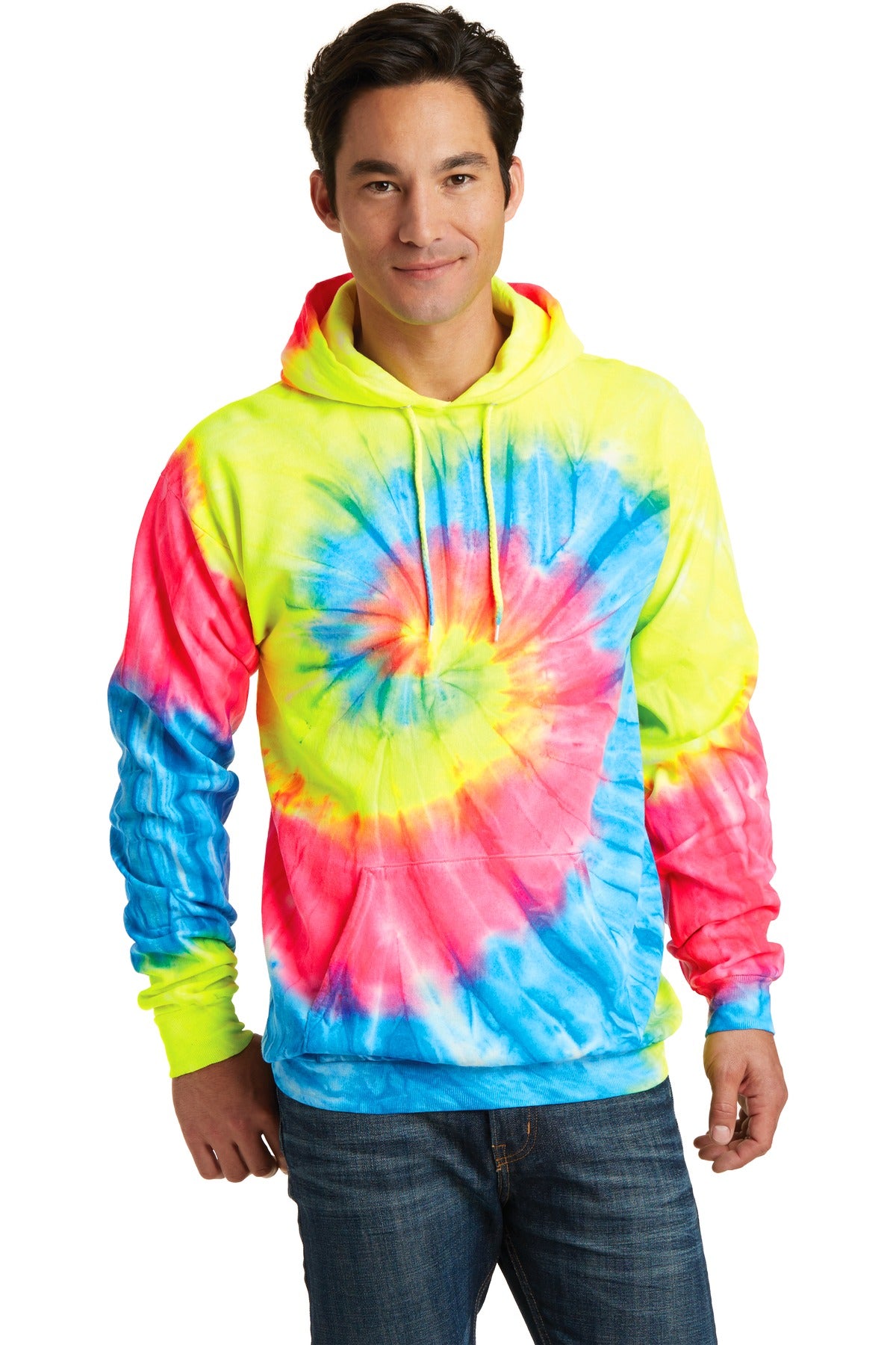 Front View of Neon Rainbow Port & Company Tie-Dye Pullover Hooded Sweatshirt. PC146