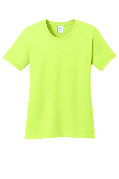 Front View of Neon Yellow Port & Company Women's Core Cotton Tee. LPC54