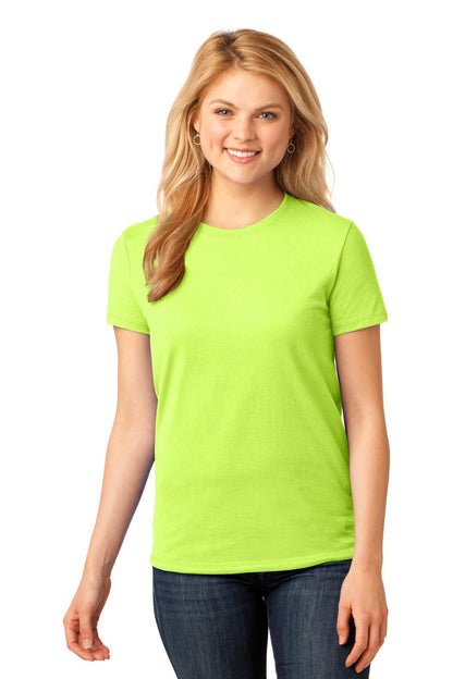 Front View of Neon Yellow Port & Company Women's Core Cotton Tee. LPC54
