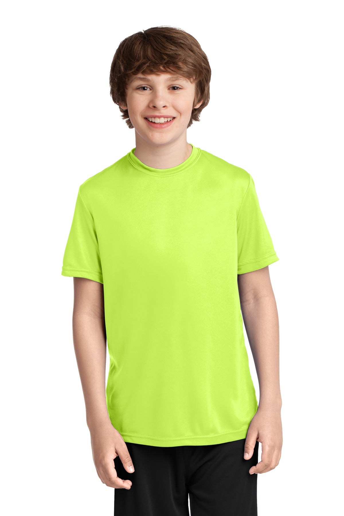 Front View of Neon Yellow Port & Company Youth Performance Tee. PC380Y