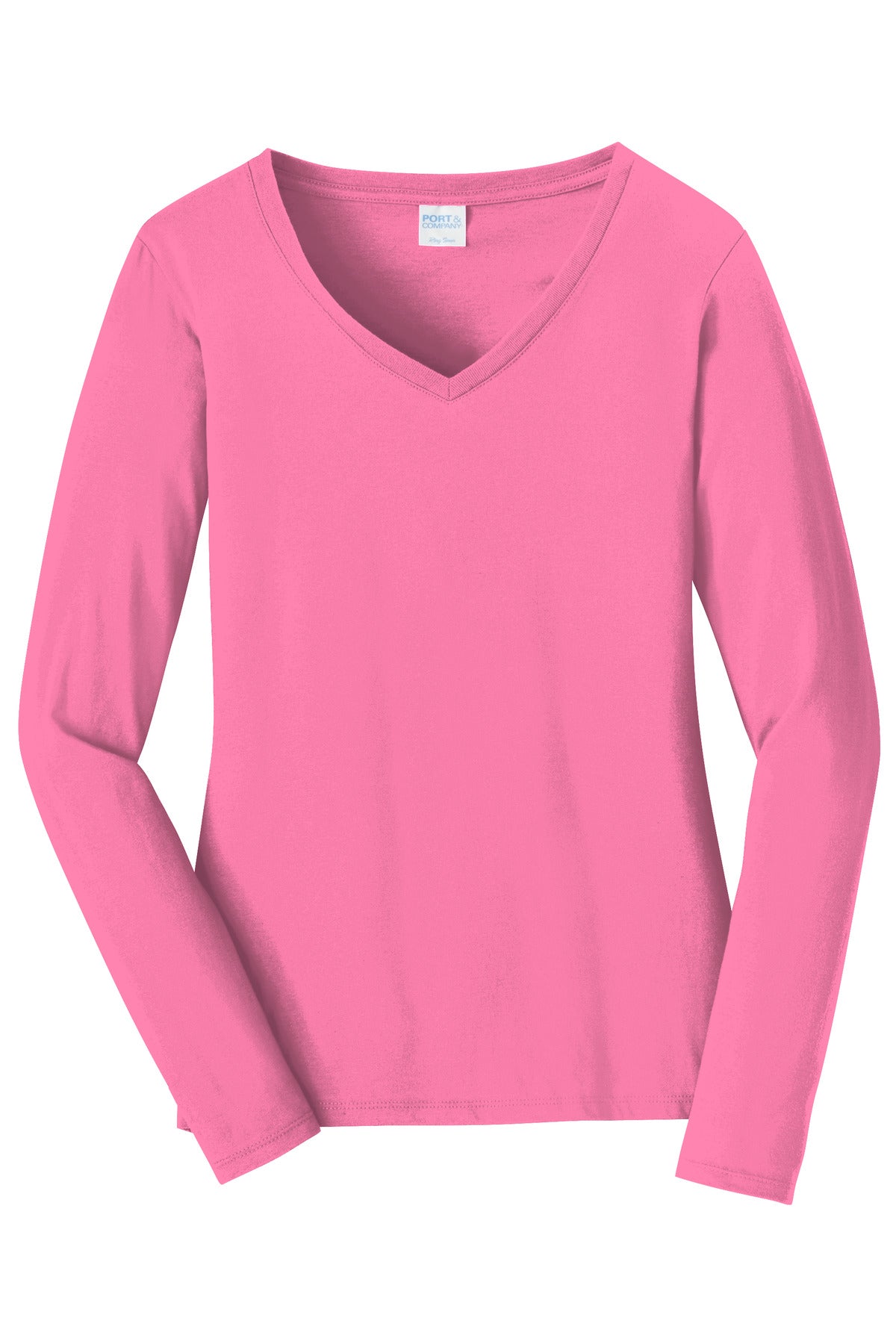 Front View of New Pink Port & Company Women's Long Sleeve Fan Favorite V-Neck Tee. LPC450VLS