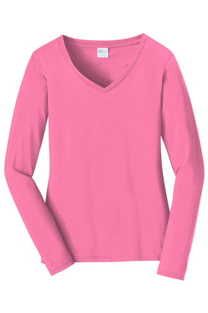 Front View of New Pink Port & Company Women's Long Sleeve Fan Favorite V-Neck Tee. LPC450VLS