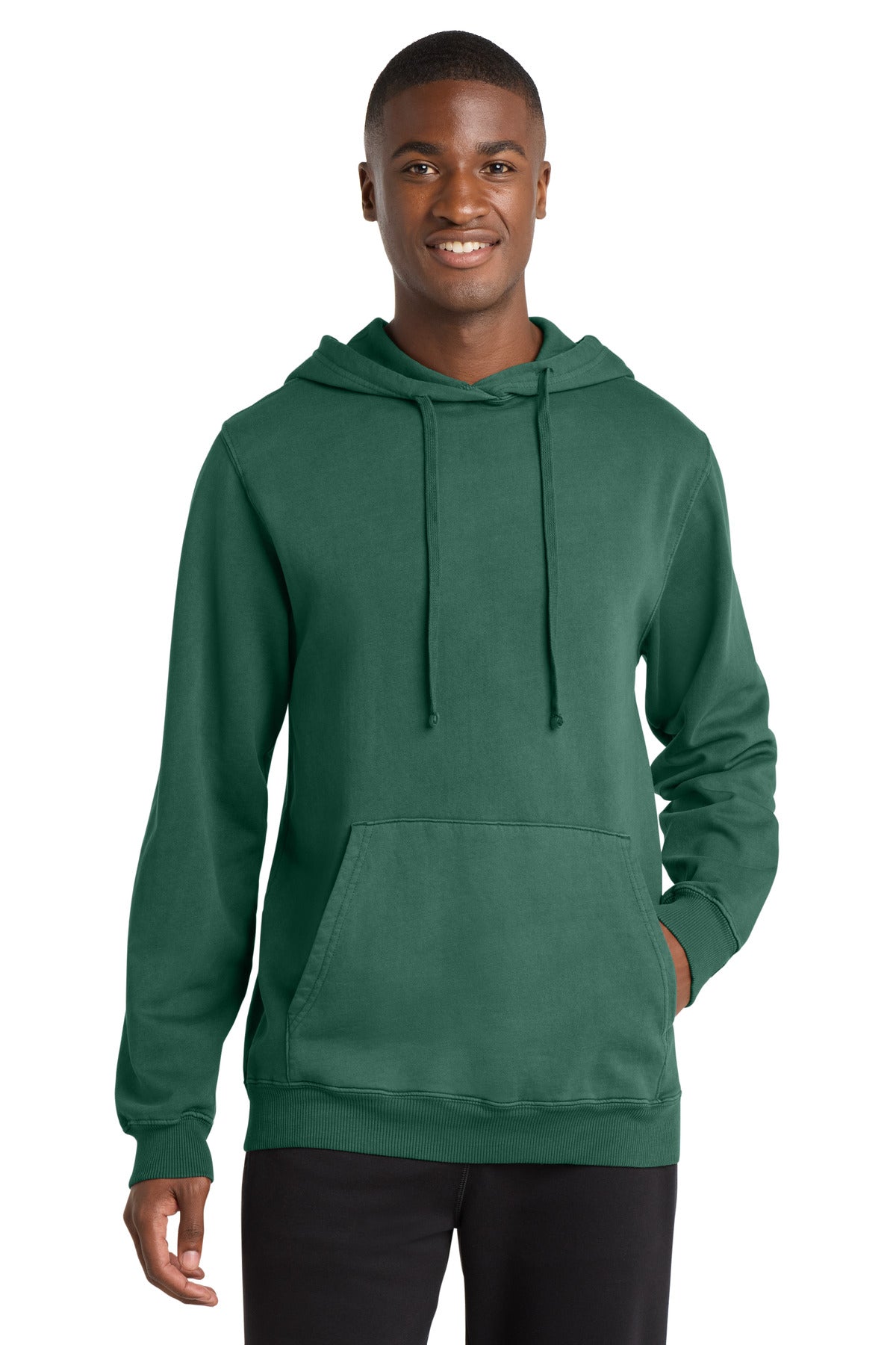 Front View of NordicGrn Port & Company Beach Wash Garment-Dyed Pullover Hooded Sweatshirt. PC098H