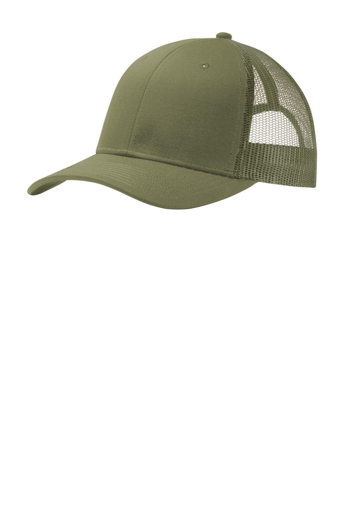 Front View of Olive Drab Grn Port Authority Snapback Trucker Cap. C112