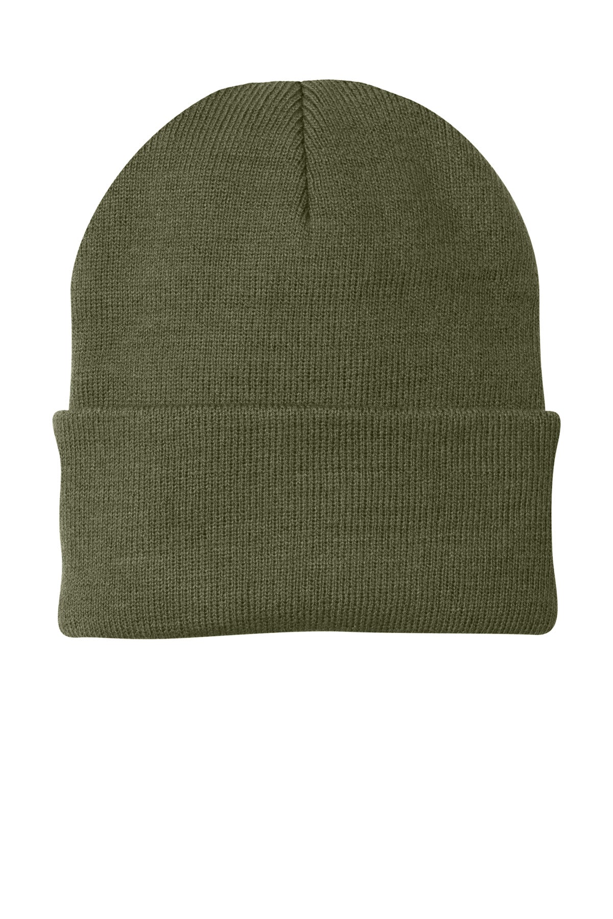 Front View of OlvDrabGn Port & Company Knit Cap. CP90