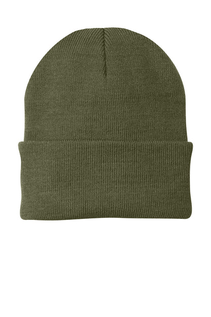 Front View of OlvDrabGn Port & Company Knit Cap. CP90