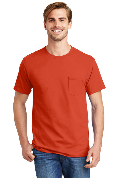 Front View of Orange Hanes - Authentic 100% Cotton T-Shirt with Pocket. 5590