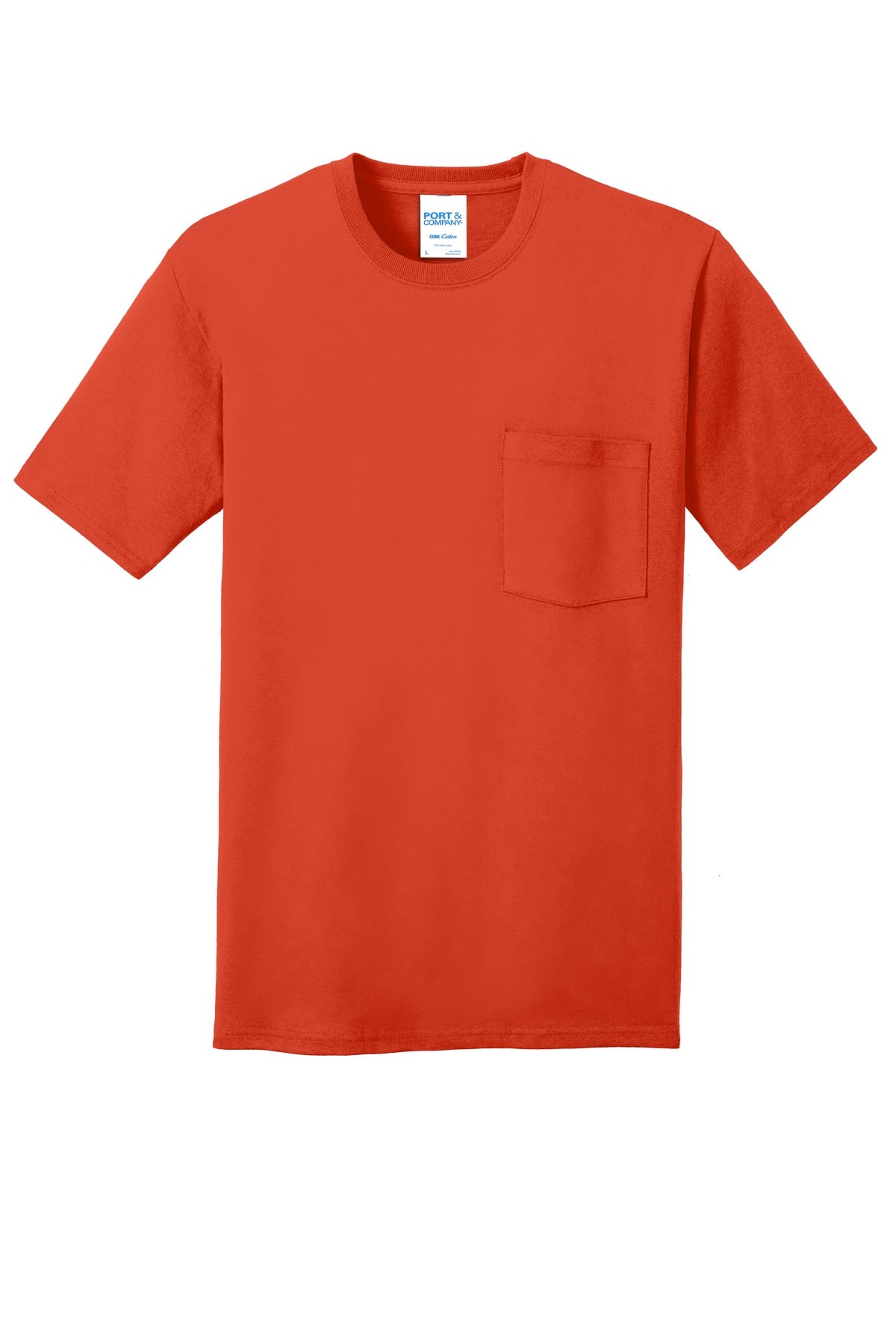 Front View of Orange Port & Company Core Cotton Pocket Tee. PC54P