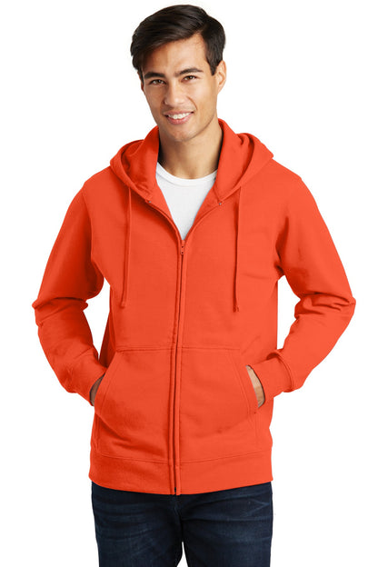 Front View of Orange Port & Company Fan Favorite Fleece Full-Zip Hooded Sweatshirt. PC850ZH