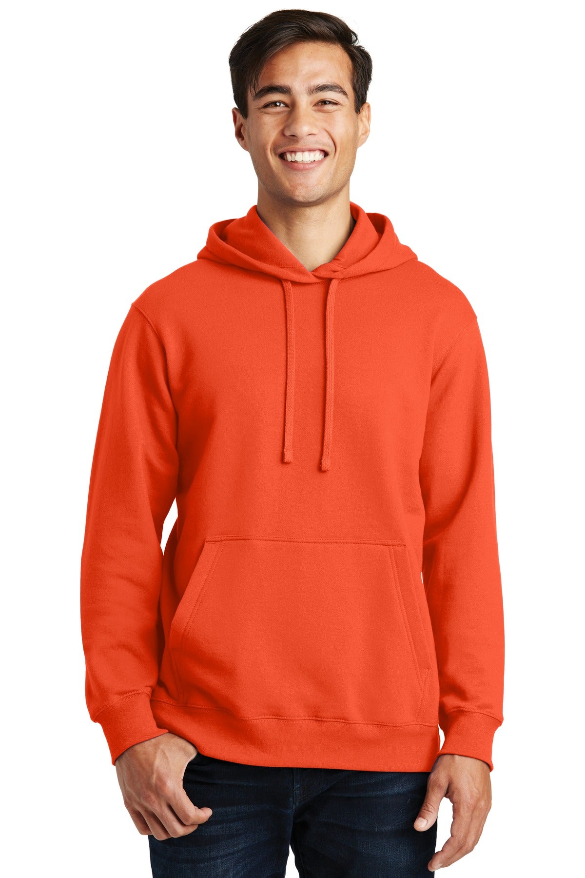 Front View of Orange Port & Company Fan Favorite Fleece Pullover Hooded Sweatshirt. PC850H