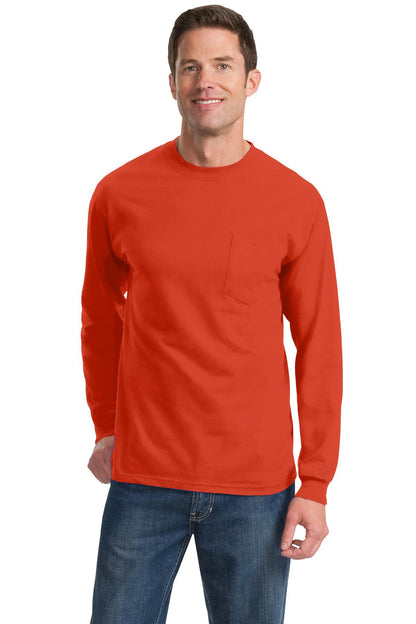 Front View of Orange Port & Company Long Sleeve Essential Pocket Tee. PC61LSP