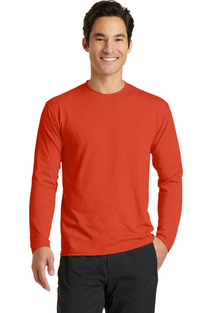 Front View of Orange Port & Company Long Sleeve Performance Blend Tee. PC381LS