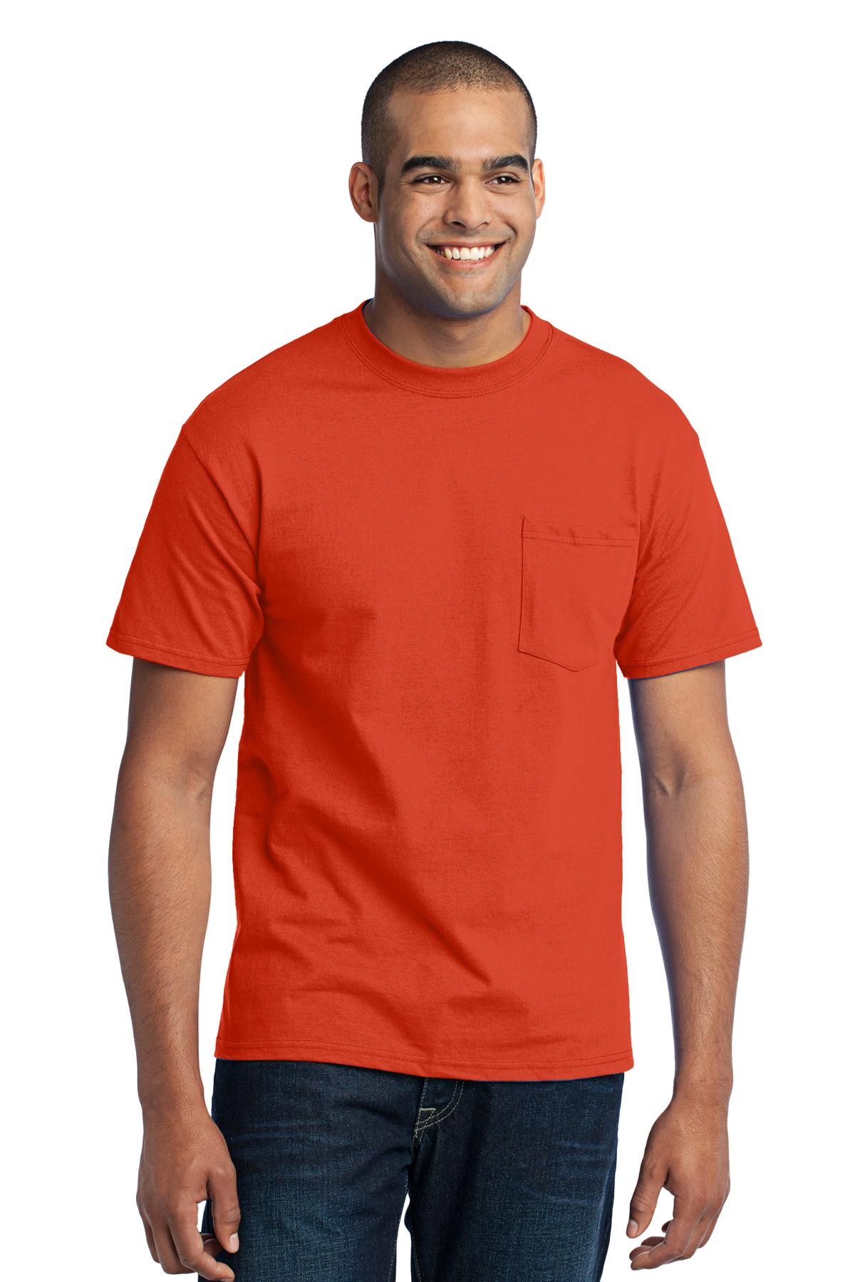 Front View of Orange Port & Company Tall Core Blend Pocket Tee. PC55PT