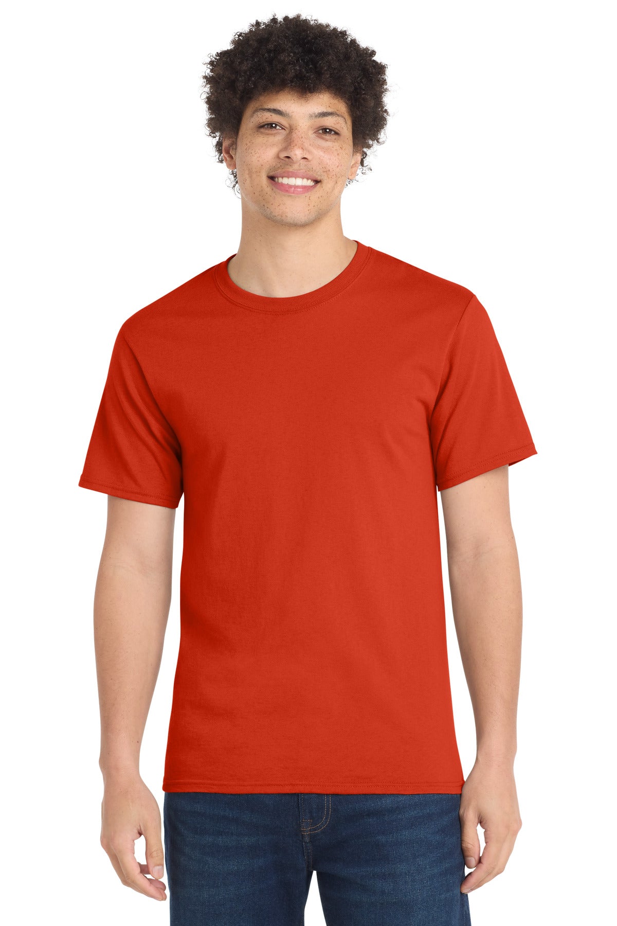 Front View of Orange Port & Company Tall Essential Tee. PC61T