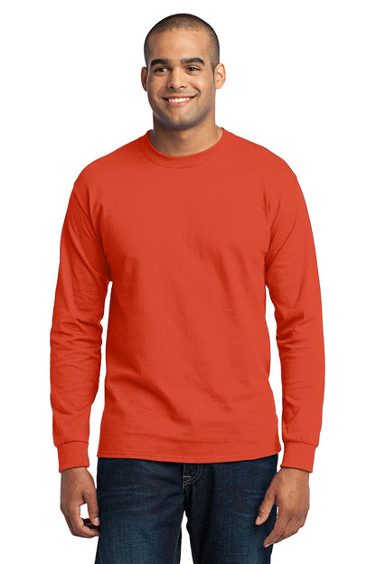 Front View of Orange Port & Company Tall Long Sleeve Core Blend Tee. PC55LST