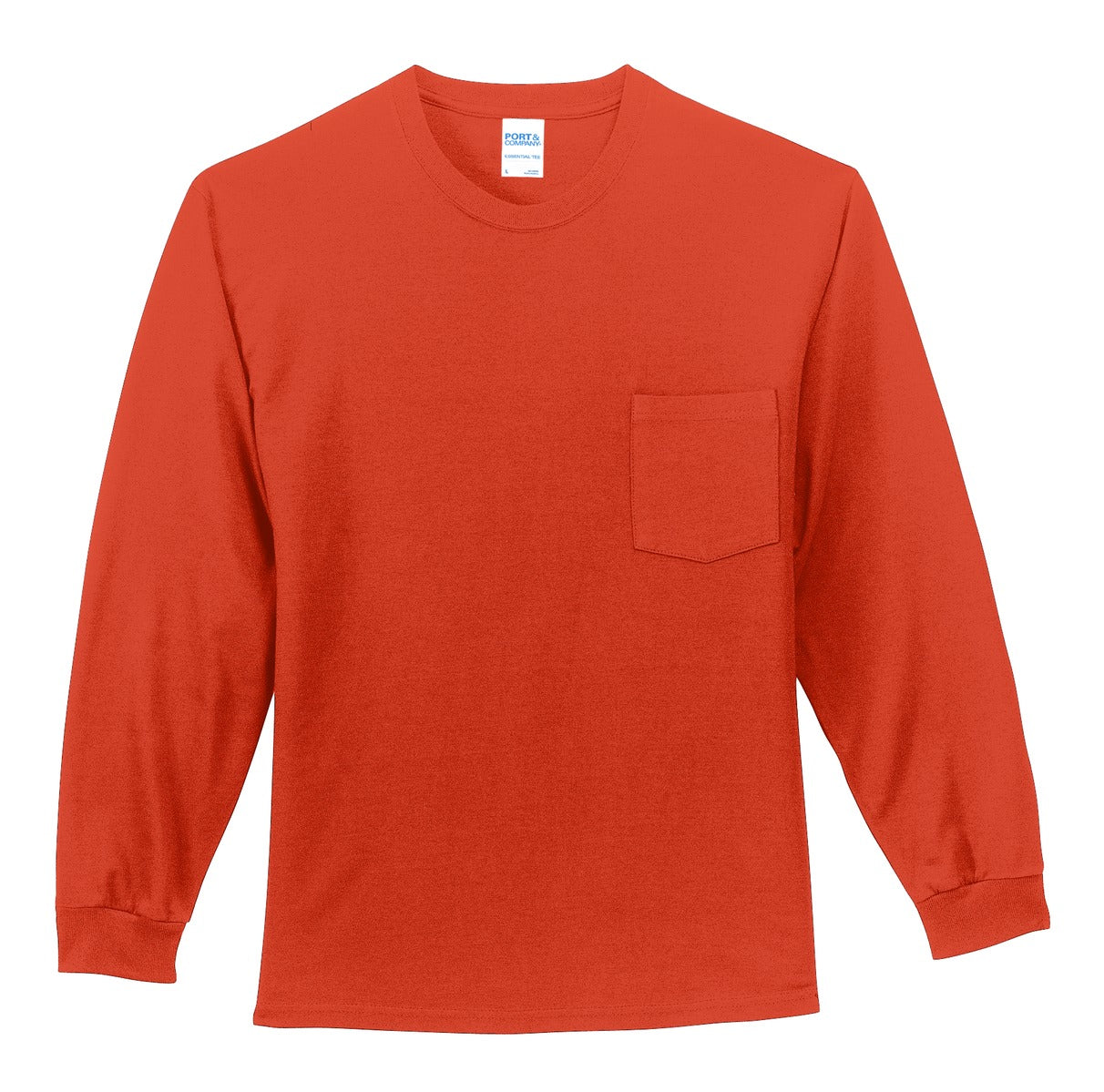Front View of Orange Port & Company Tall Long Sleeve Essential Pocket Tee. PC61LSPT