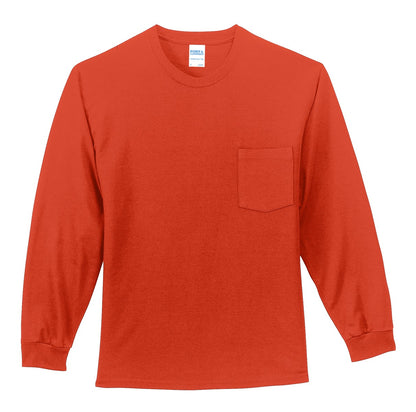 Front View of Orange Port & Company Tall Long Sleeve Essential Pocket Tee. PC61LSPT