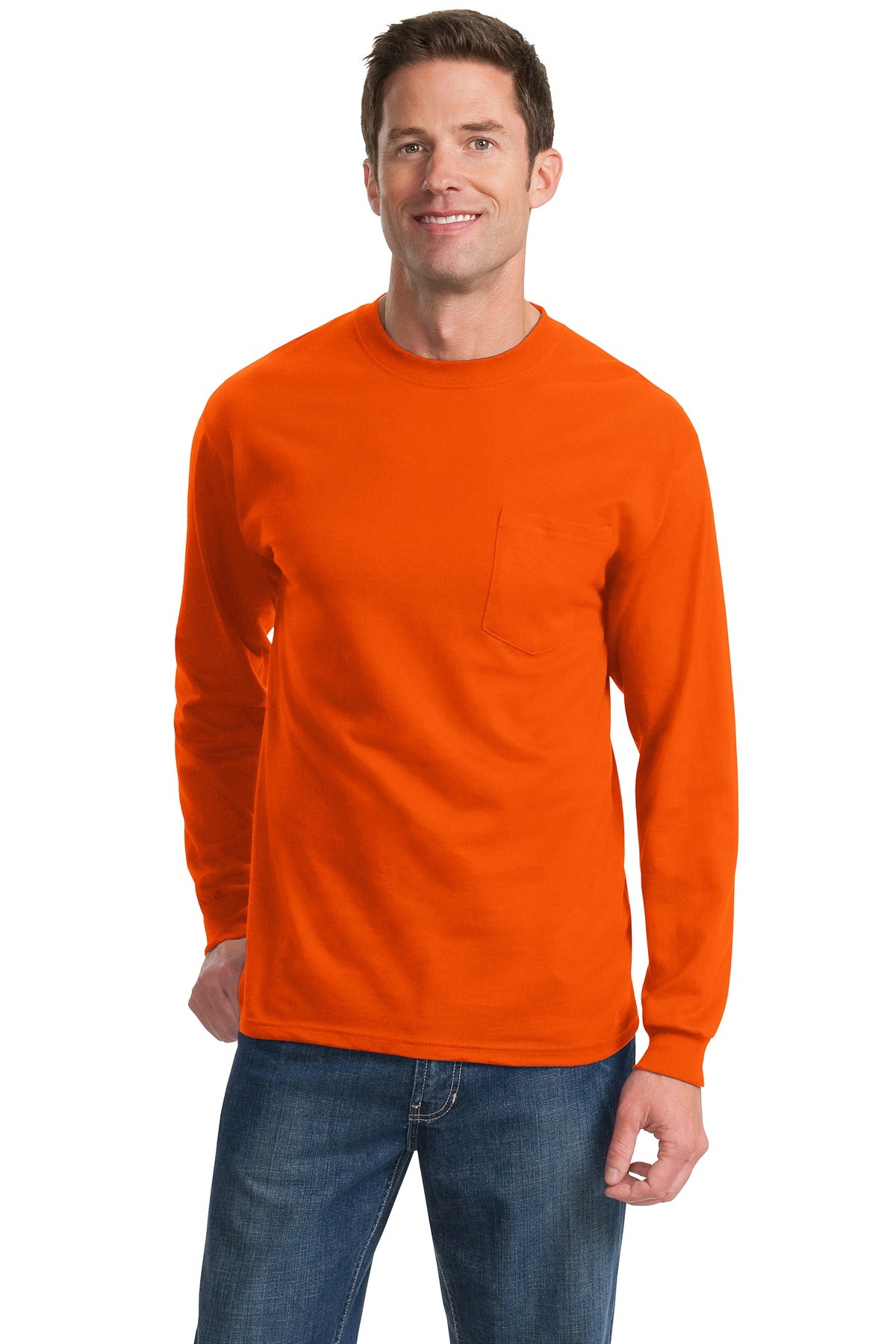 Front View of Orange Port & Company Tall Long Sleeve Essential Pocket Tee. PC61LSPT