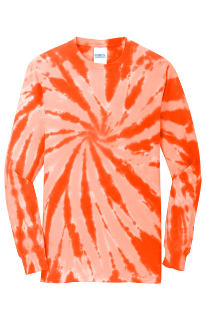 Front View of Orange Port & Company Tie-Dye Long Sleeve Tee. PC147LS