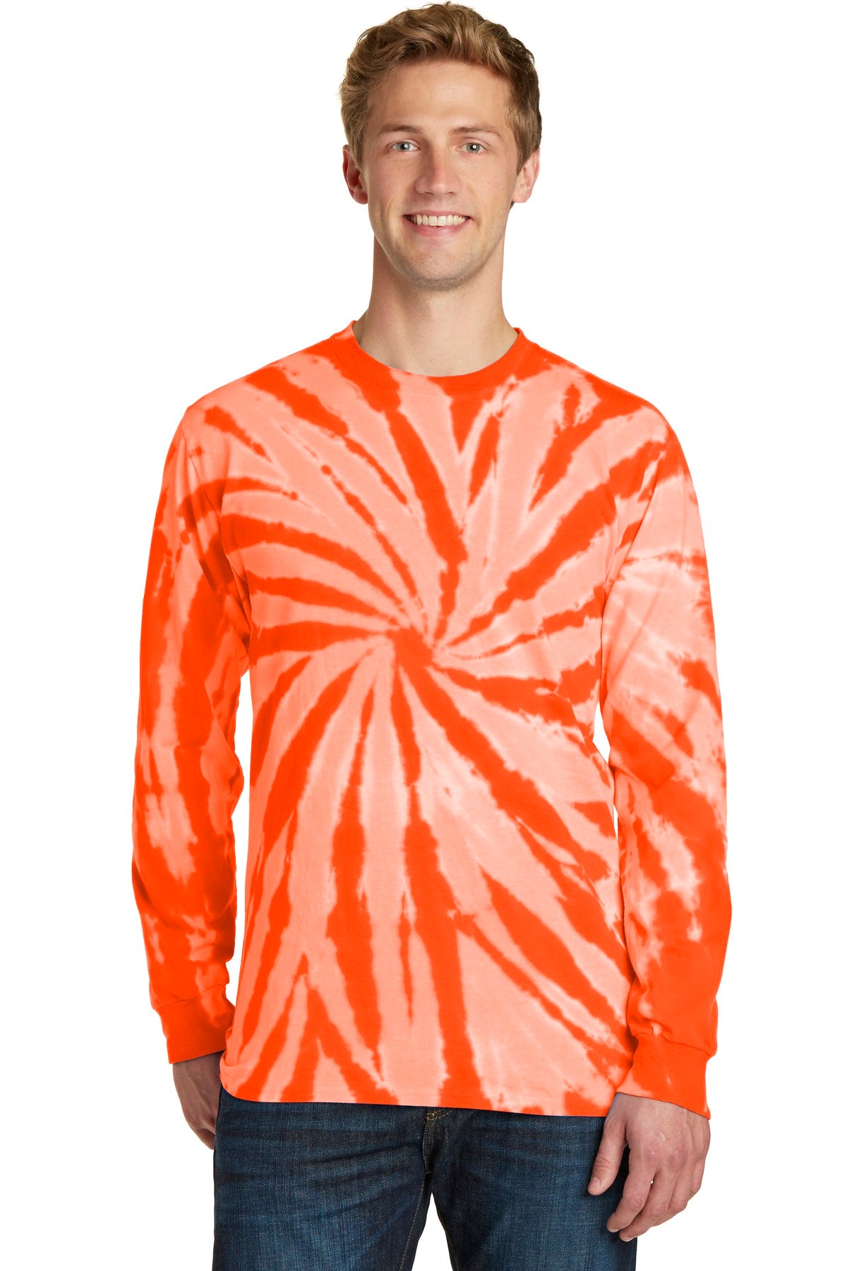 Front View of Orange Port & Company Tie-Dye Long Sleeve Tee. PC147LS