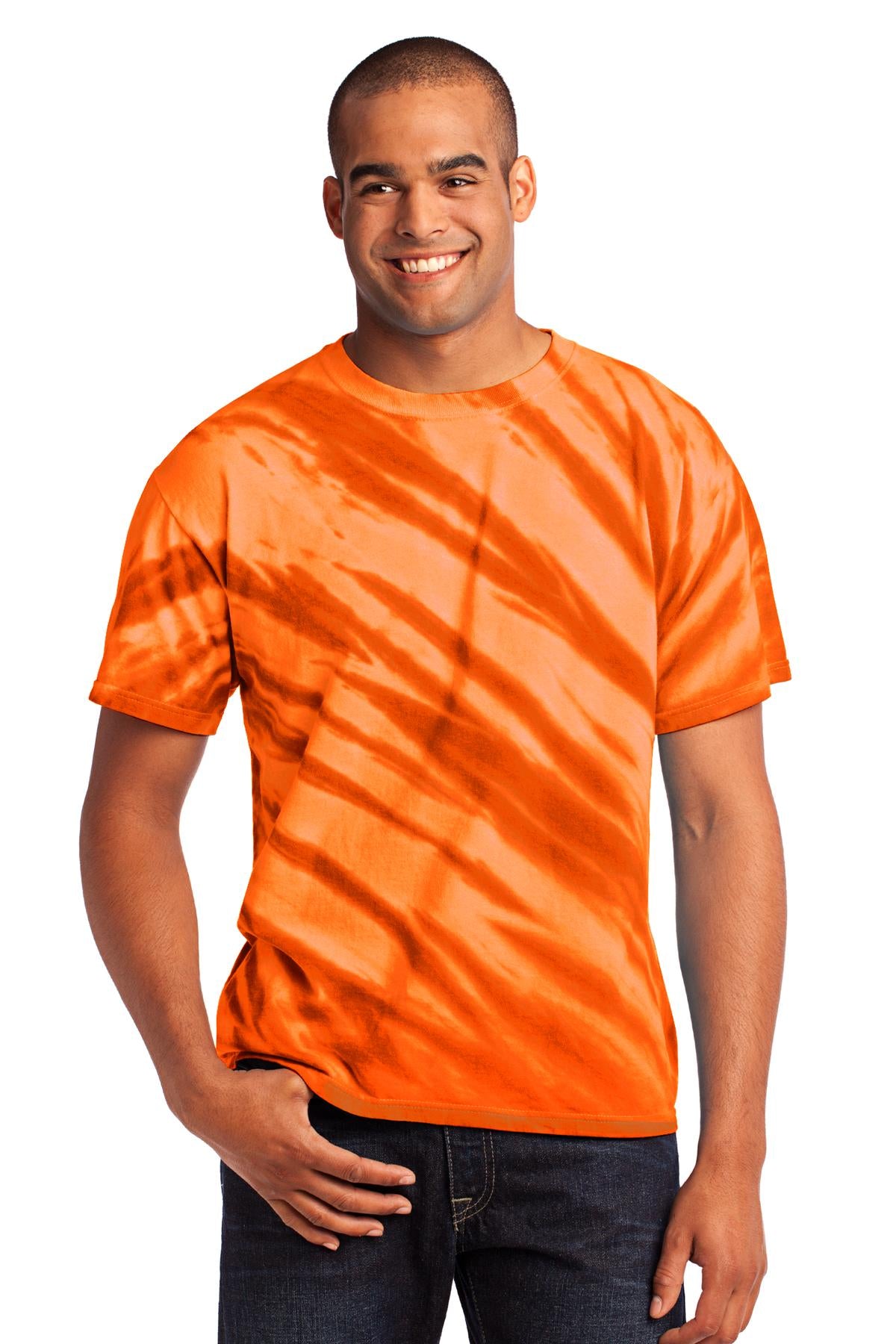 Front View of Orange Port & Company - Tiger Stripe Tie-Dye Tee. PC148