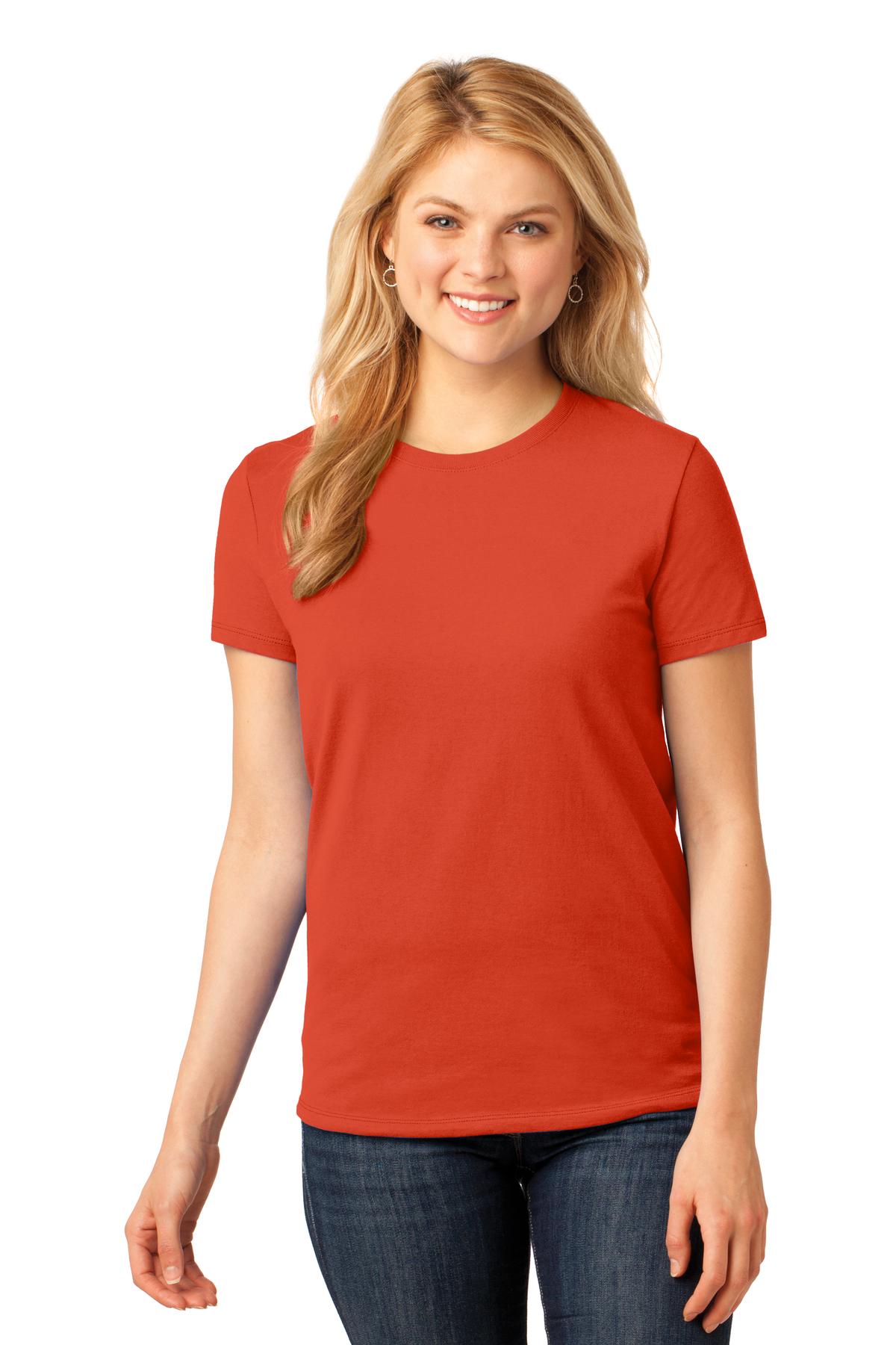 Front View of Orange Port & Company Women's Core Cotton Tee. LPC54