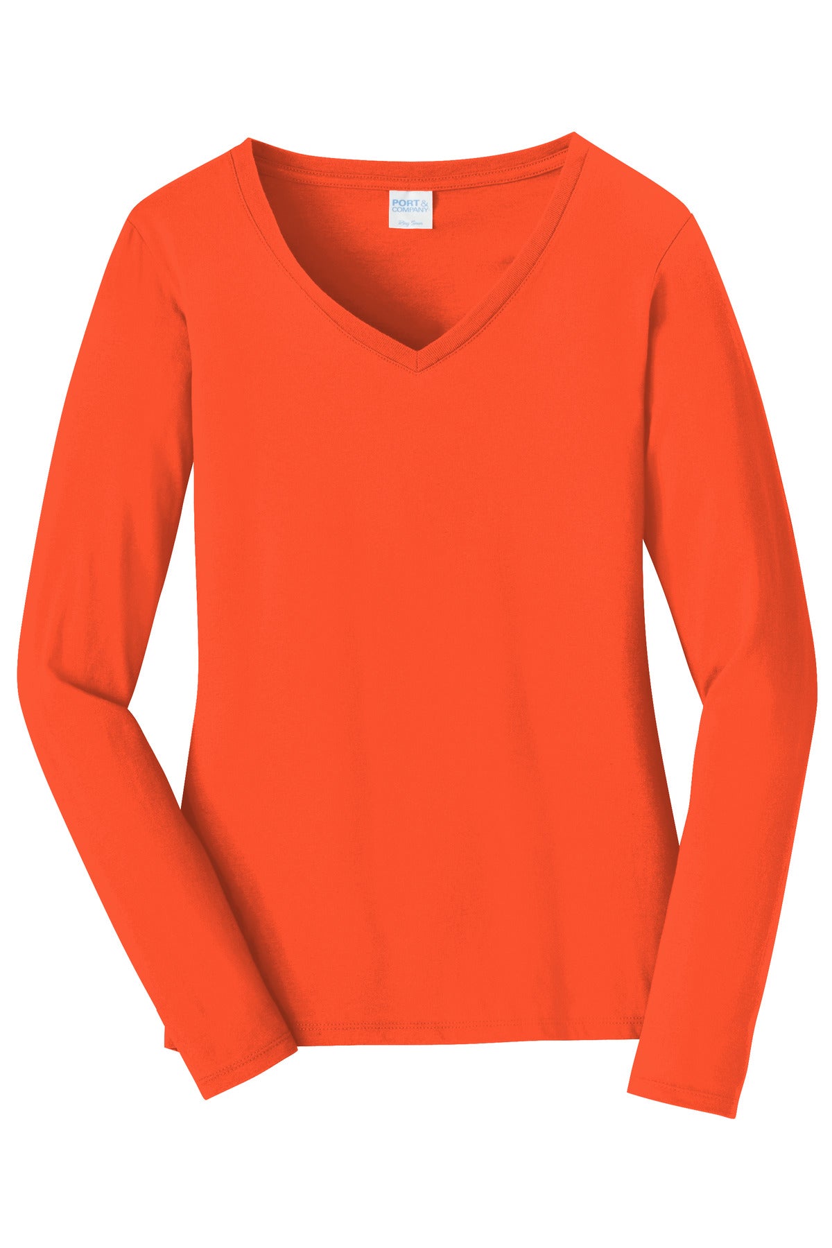 Front View of Orange Port & Company Women's Long Sleeve Fan Favorite V-Neck Tee. LPC450VLS