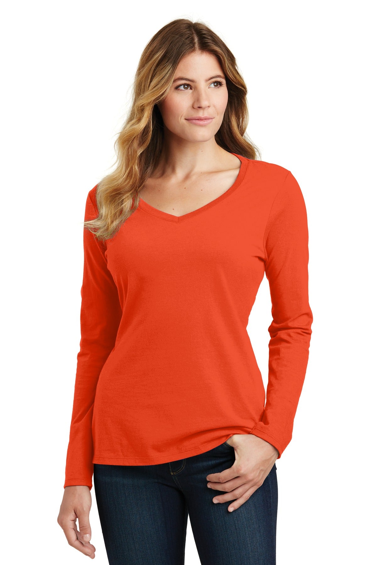 Front View of Orange Port & Company Women's Long Sleeve Fan Favorite V-Neck Tee. LPC450VLS
