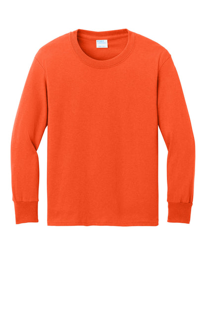 Front View of Orange Port & Company Youth Long Sleeve Core Cotton Tee. PC54YLS