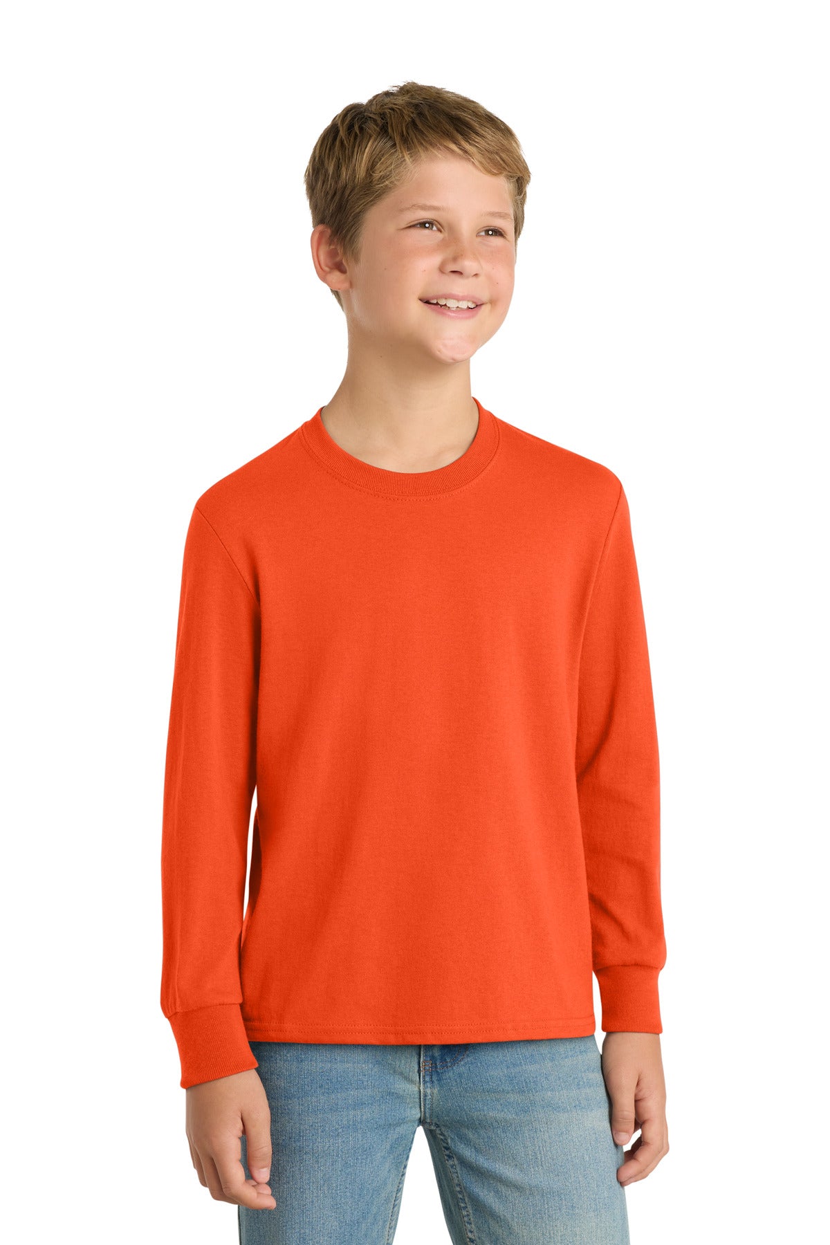 Front View of Orange Port & Company Youth Long Sleeve Core Cotton Tee. PC54YLS