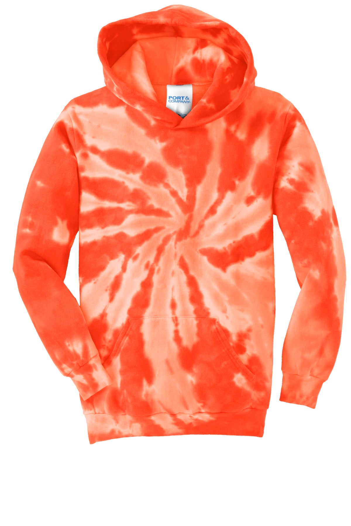 Front View of Orange Port & Company Youth Tie-Dye Pullover Hooded Sweatshirt. PC146Y