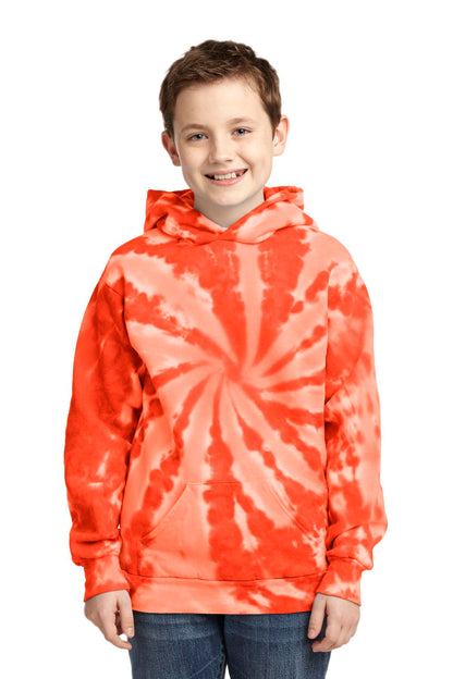 Front View of Orange Port & Company Youth Tie-Dye Pullover Hooded Sweatshirt. PC146Y