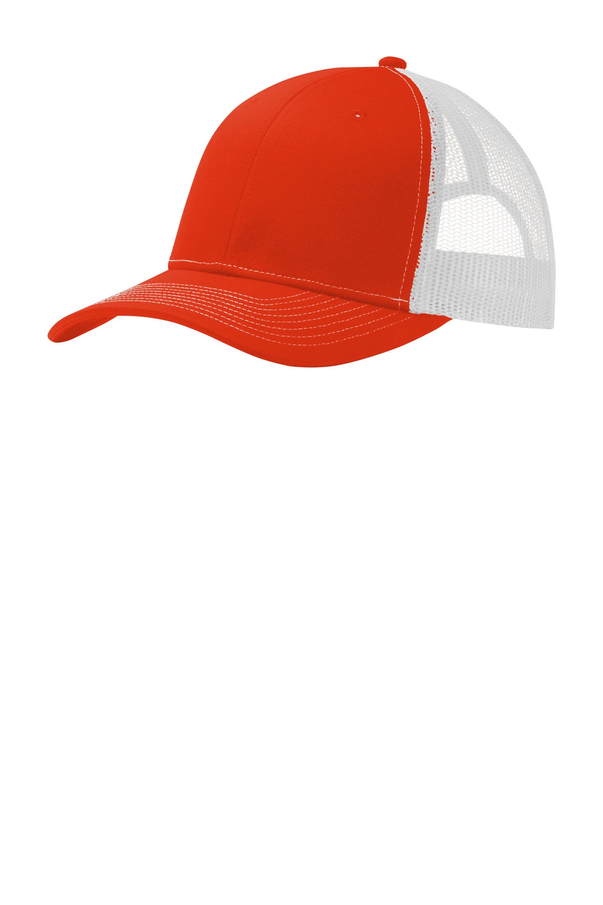 Front View of Orng/White Port Authority Snapback Trucker Cap. C112