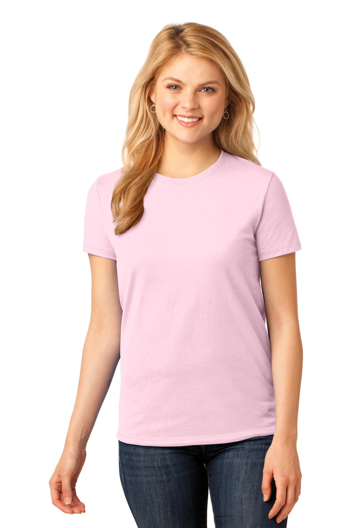 Front View of Pale Pink Port & Company Women's Core Cotton Tee. LPC54