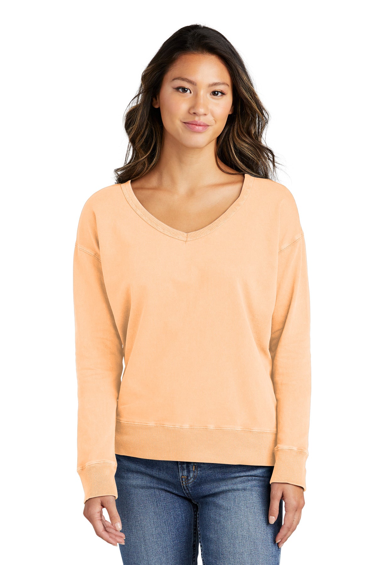 Front View of Peach Port & Company Women's Beach Wash Garment-Dyed V-Neck Sweatshirt LPC098V
