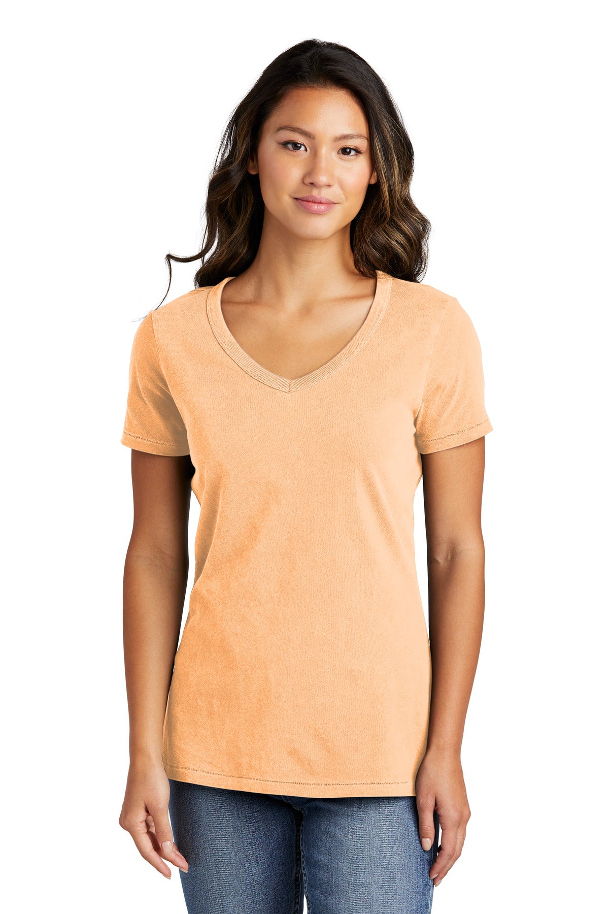 Front View of Peach Port & Company Women's Beach Wash Garment-Dyed V-Neck Tee LPC099V