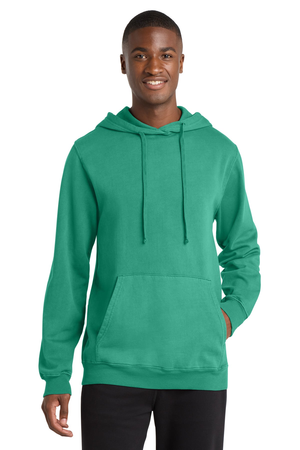 Front View of Peacock Port & Company Beach Wash Garment-Dyed Pullover Hooded Sweatshirt. PC098H