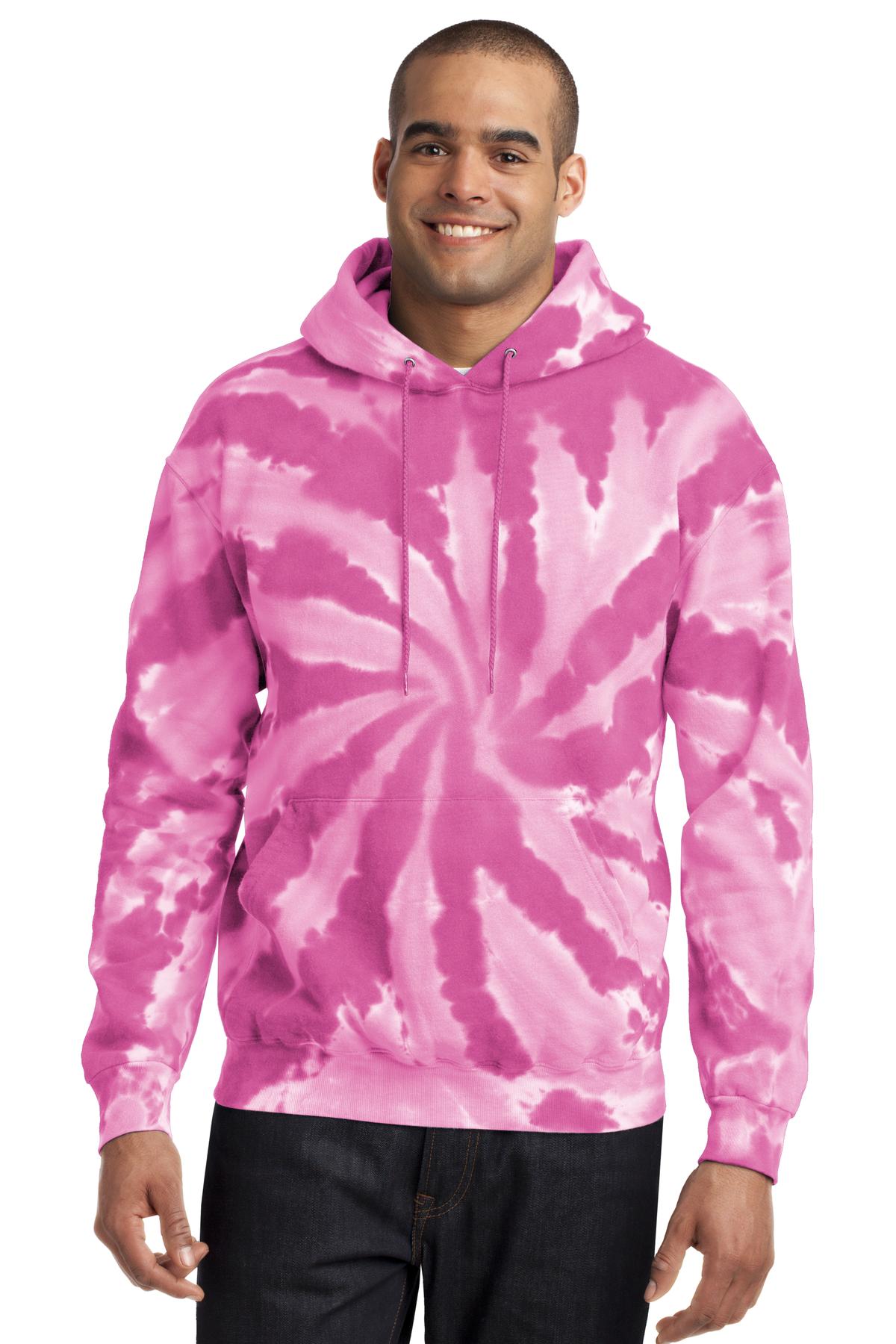 Front View of Pink Port & Company Tie-Dye Pullover Hooded Sweatshirt. PC146