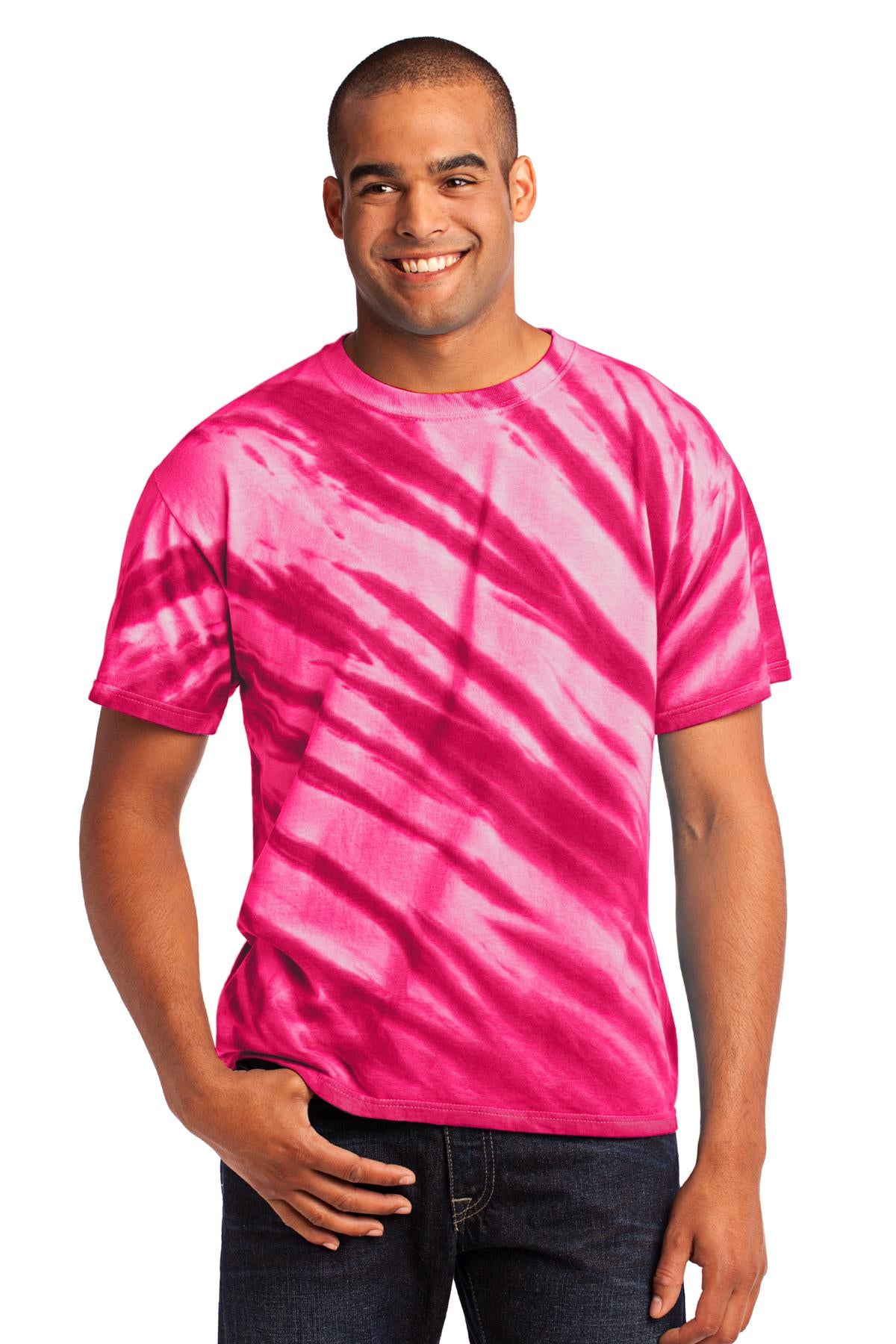 Front View of Pink Port & Company - Tiger Stripe Tie-Dye Tee. PC148
