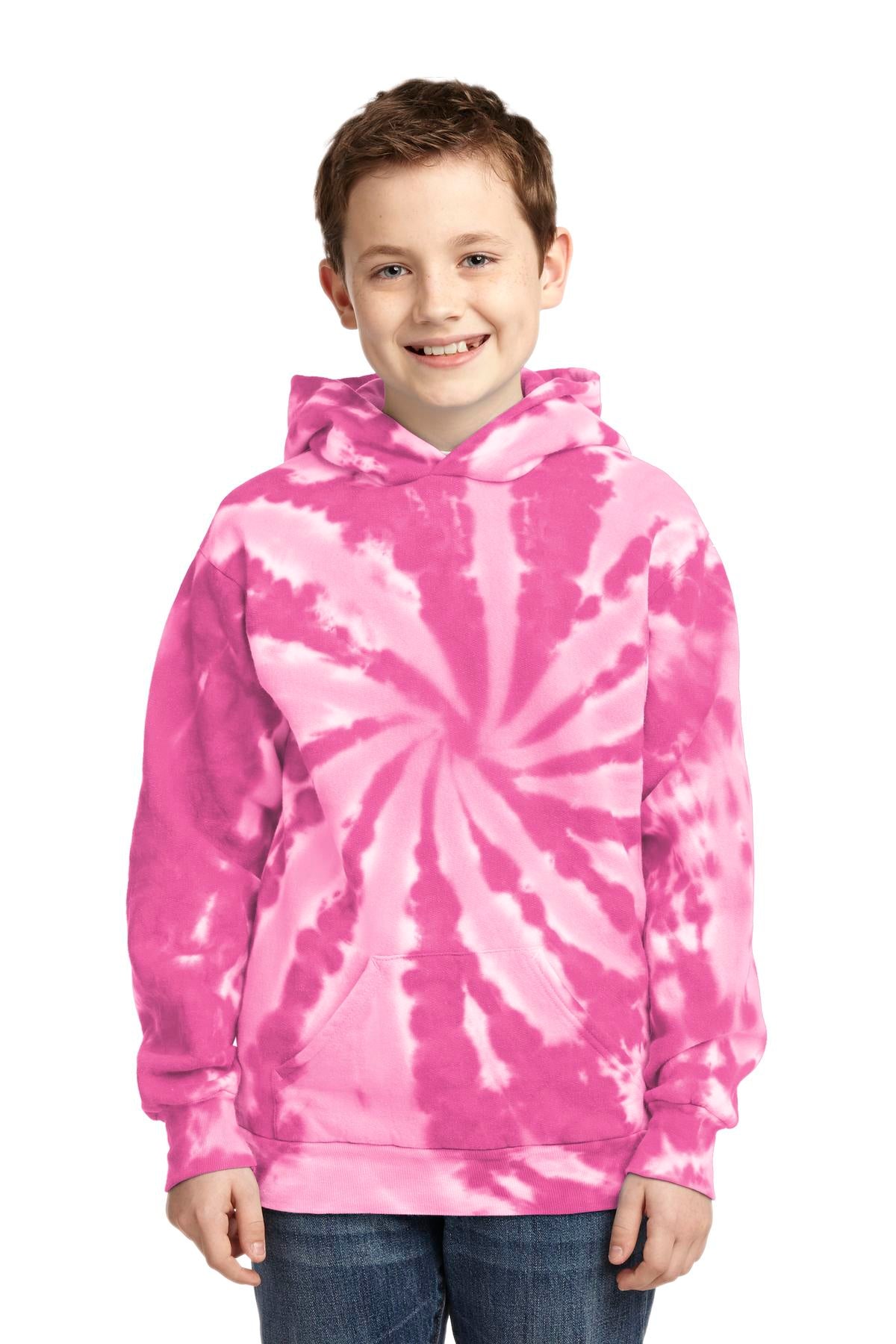 Front View of Pink Port & Company Youth Tie-Dye Pullover Hooded Sweatshirt. PC146Y