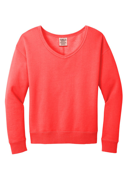 Front View of Poppy Port & Company Women's Beach Wash Garment-Dyed V-Neck Sweatshirt LPC098V