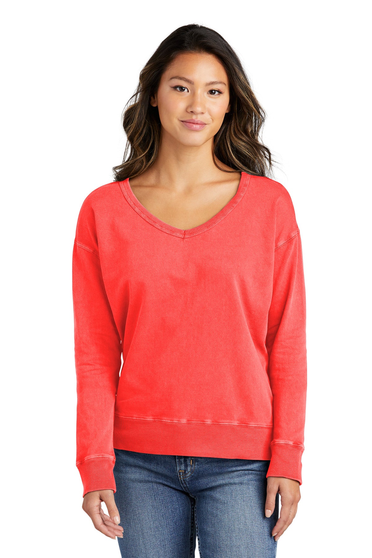 Front View of Poppy Port & Company Women's Beach Wash Garment-Dyed V-Neck Sweatshirt LPC098V